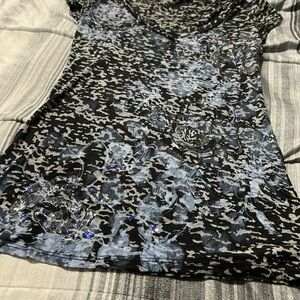 Black and Gray Patterned Top with Blue Accents